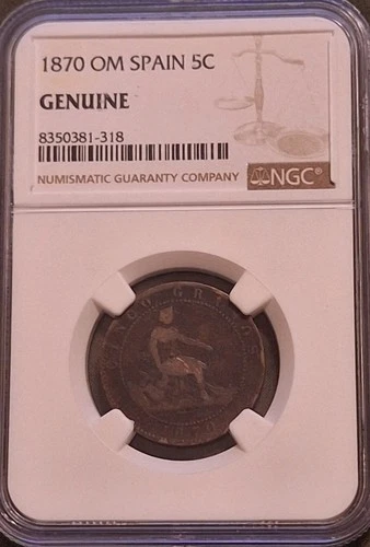 1870 OM Spain 5 Centimos NGC Genuine 