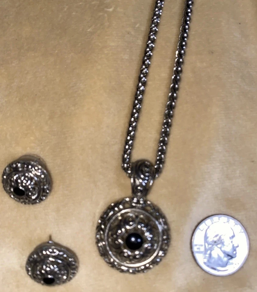 Premier Designs Nora Black & Silver Toned Necklace & Earrings Jewelry Set Foto 2 de 4