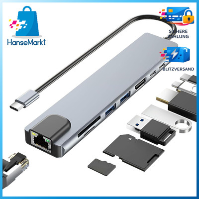 USB C auf HDMI Adapter 8-in-1 Hub 4K PD 100W Multiport Dock für Laptop PC
