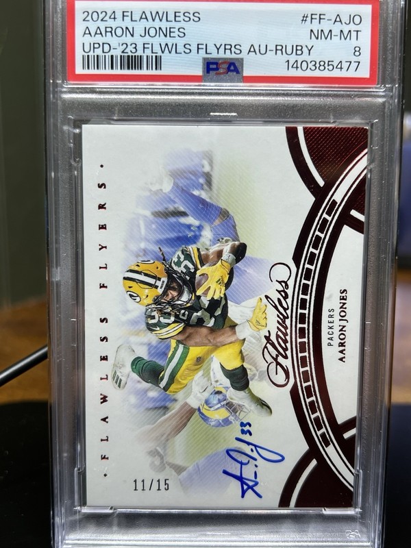 Panini 2024 Flawless Flyers Aaron Jones Ruby Auto /15 PSA 8 #FF-AJO Packers