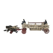Antique 1900's Cast Iron Horse Drawn Toy Fire Truck  Ladder w/2 Firemen - Heavy