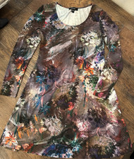 Karen Kane A-Line Stretch Dress S Boho Chic Long Sleeve Earthy Brown Watercolor
