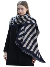  Diagonal Checkered Scarf Winter Shawl Thick Cashmere-Like Soft Dark Blue 1