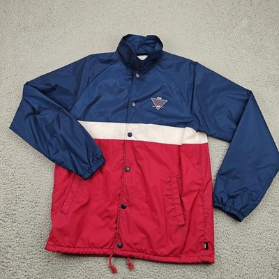 Vans Jacket Mens Medium Blue Red Colorblock Stripe Snap Windbreaker Lined Skate