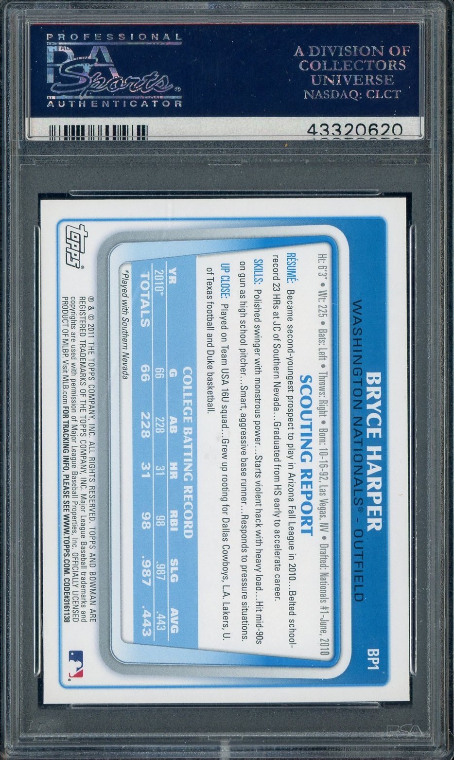 2011 Bowman Prospects Bryce Harper Nationals RC Rookie PSA 10 GEM MINT view 2