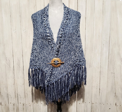 NEW Blue Marled Hand Knitted Knit Triangle Shawl Wrap Boho Hippie Fringe Women's