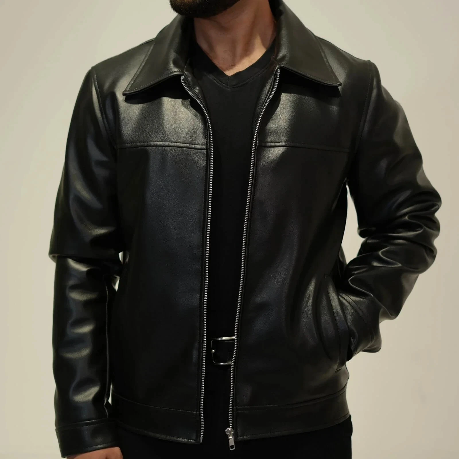 Yok Men’s Black Leather Jacket – Mafia Style Slim Fit Biker Coat