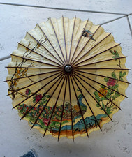 Vintage Asian Paper Parasol Umbrella Bamboo Frame Floral Peacock Beige Multi