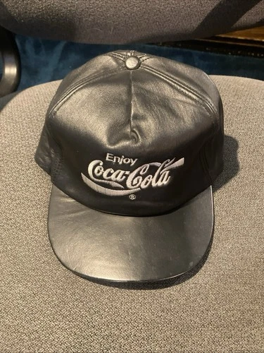 Vintage Enjoy Leather Coca Cola  Adjustable Ball Cap black with white