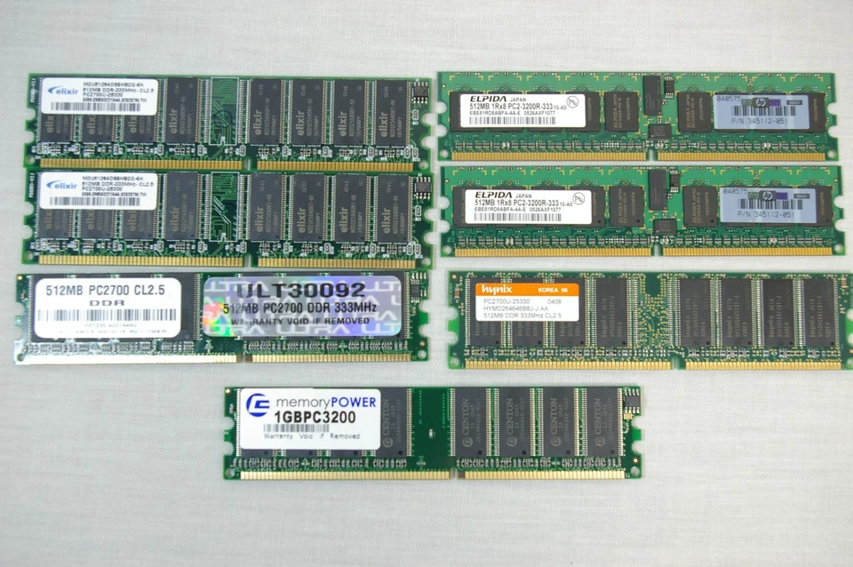 Lot x7 Used PC DIMM RAM, 4-512MB PC2700 + 2 512MB PC3200R + 1-1GB PC3200 - Image 2 of 3