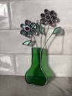 Vintage Tiffany Style  Stained Glass Flowers in Vase Lead Sun Catcher Window