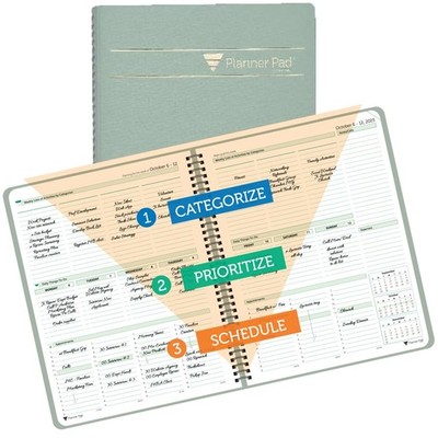 Planner Pad Spiral October 1st 2025 Start, Greenish Grey Cover/Soft Green Ink 