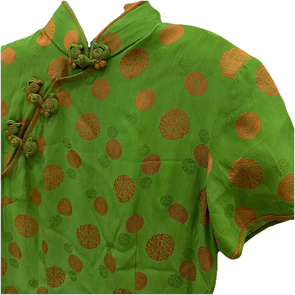 Vintage Green Patterned Silk Cheongsam Oriental Dress S Stretch Silk Qipao HANYI - Image 3 of 4