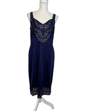 Vanity Fair Vintage Navy Blue Satin Lace Full Midi Slip Dress Medium Negligee