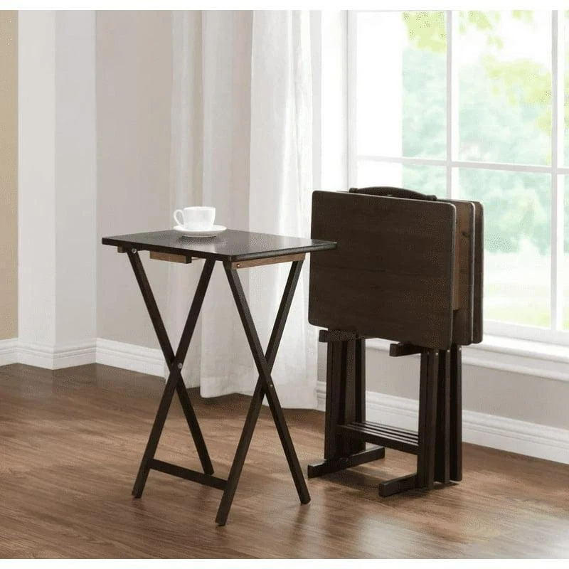 Folding TV Tray Table Set of 5 Walnut Rubberwood 19x15x26 in Storage Rack Stand - Image 4 of 4