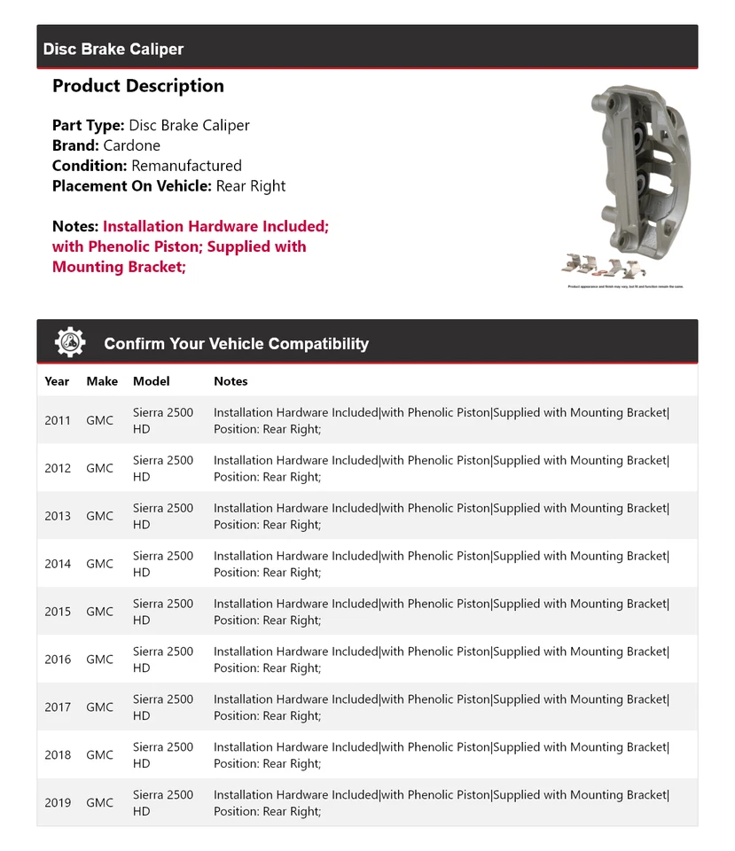 For 2011-2019 GMC Sierra 2500 HD Disc Brake Caliper Rear Right Cardone 2012 2013 - Image 2 of 4