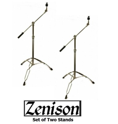 Set of 2 Cymbal Boom Stands Chrome Heavy Duty 1'' Adjustable Double Braced Tripod