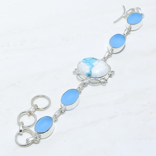 Mosaik Türkis, Blau Onyx Edelstein Silber Schmuck Armband 17.8-20.3cm BRJ14884 - Bild 2 von 2