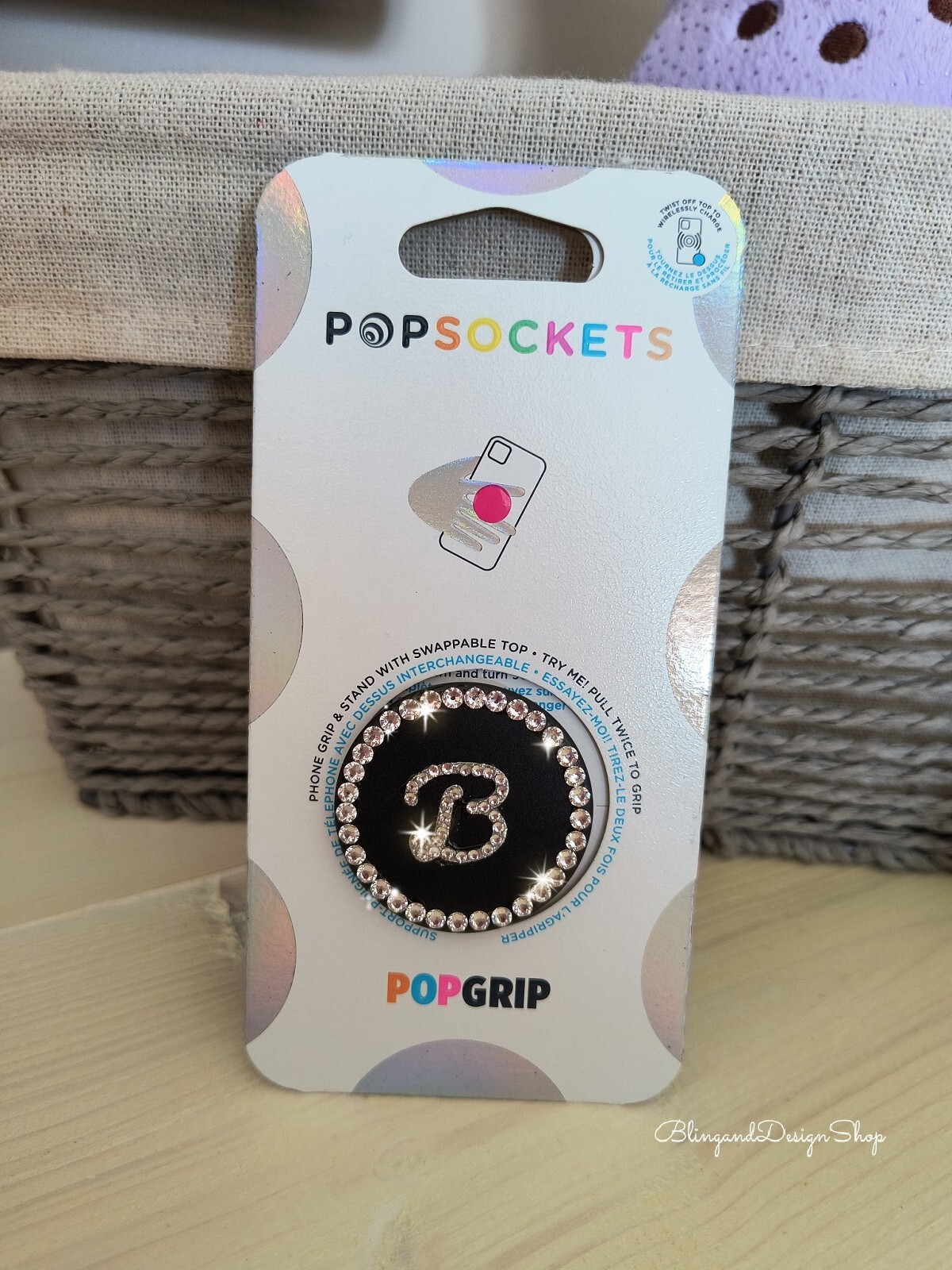 Personalized Bling Black Popsocket made with Clear Crystal Rhinestone Letter B-image