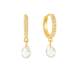 Authentic Women Gold Plated Silver Dangle Teardrop CZ Round Huggie Hoop 13mm Earrings PE65