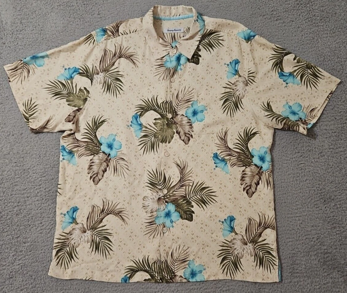 Tommy Bahama Hawaiian Camp Shirt 100% Silk Floral Yellow Mens Size XL