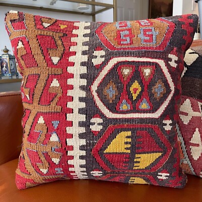Handmade Vintage Antique Turkish Kilim Rug Pillow 16x16 (INV1200) 16 inch 