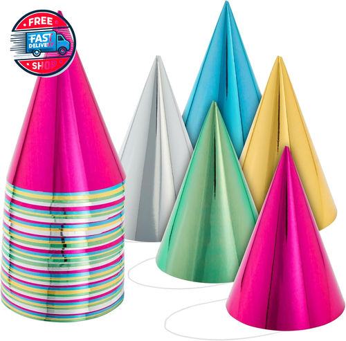 50er Pack Geburtstag Party Kegel Hüte für Kinder und Erwachsene, Großpackung Set in 5 Farben (Met