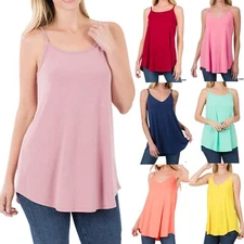 Womens Spaghetti Strap Tunic Tank Top Loose Fit Casual Blouse Soft Flowy Long