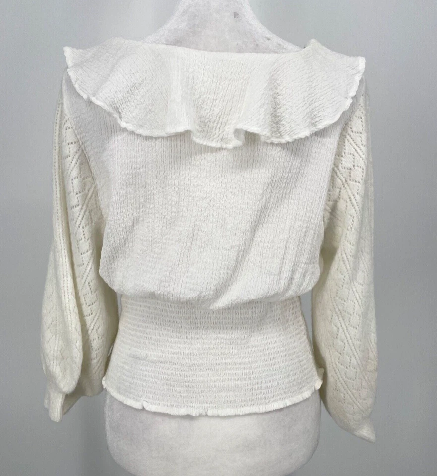 Free People Womens S Billie Sweater Top Ivory Smocked Wool V-Neck balloon Sleeve - Image 4 of 4