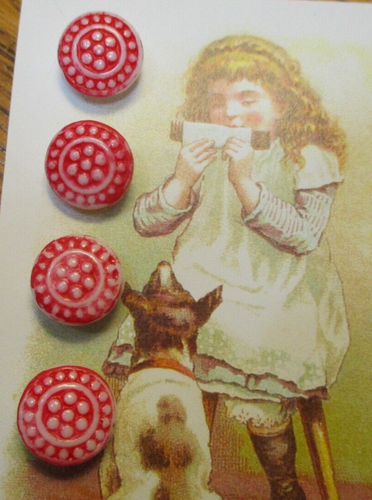 Set of 4 Vintage 5/8" red flower dot Painted Glass Buttons~NOS - Picture 2 of 2