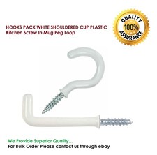 WHITE HOOKS PACK Cup SCREW IN 19mm - 50mm SHOULDERED Kitchen Mug Ceiling Peg