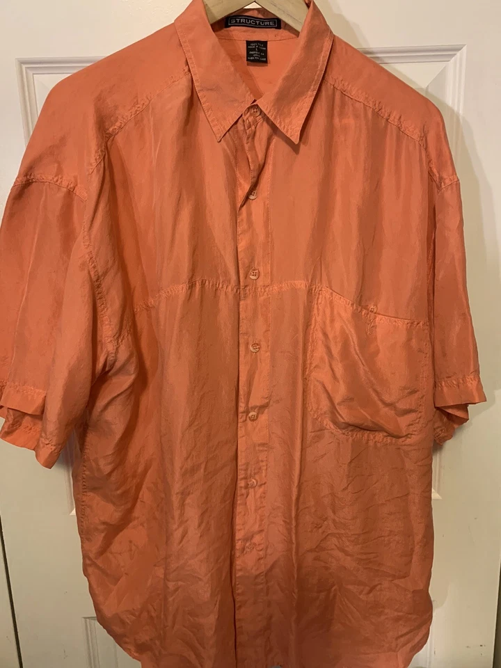 Винтажный 80-х структура мужской размер L шелк кнопка рубашка моды оранжевый - Изображение 3 из 4