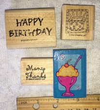 3 WOOD MOUNTED AND 1 FOAM RUBBER STAMPS BIRTHDAY THEME