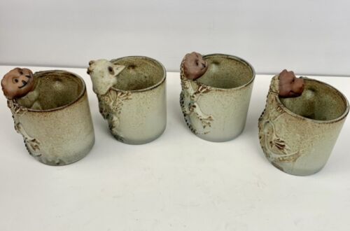 Ugly Face Redware Sculpted Pottery Mugs Cups Set of 4 CCCC Japan Gecko Lizard - Picture 4 of 12