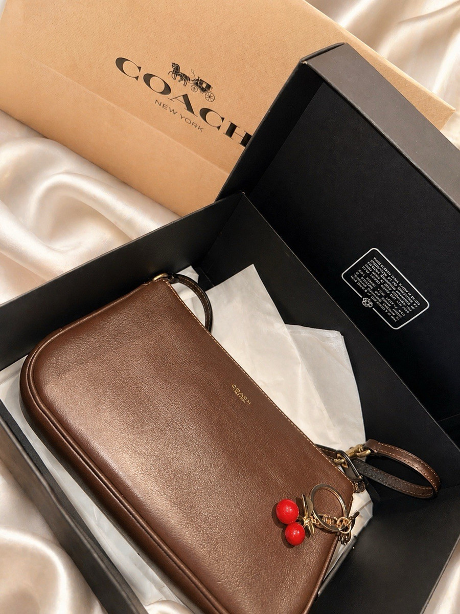 Coach Brown Leather Clutch Wrist Strap Cherry Bag Charm Women