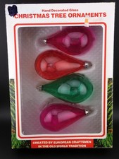 Vintage Christmas Commodore Unsilvered Glass Teardrop Ornaments with Box