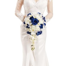 Bridal Bouquet Cascading, Royal Blue  Ivory Wedding Bouquets for Bride Bride...