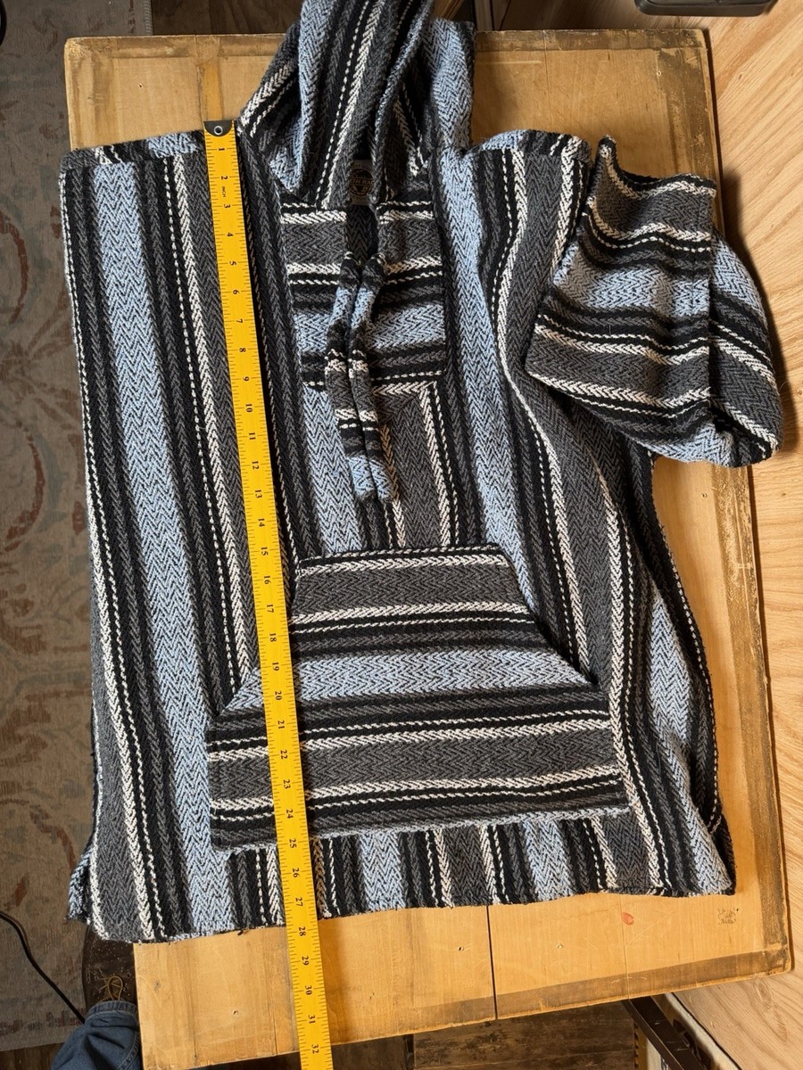 Vtg Earth Ragz Baja Hoodie Drug Rug Striped Woven Pullover Mens XL Black Blue View 5
