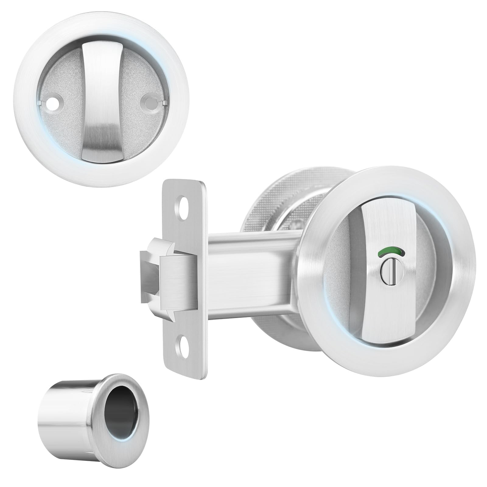 Brushed Nickel Round Pocket Door Lock and Pull with Indicator in Satin Finish