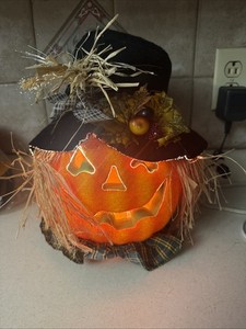 Halloween Fiber Optic Pumpkin Head Jack-O-Lantern Scarecrow Black Hat Works