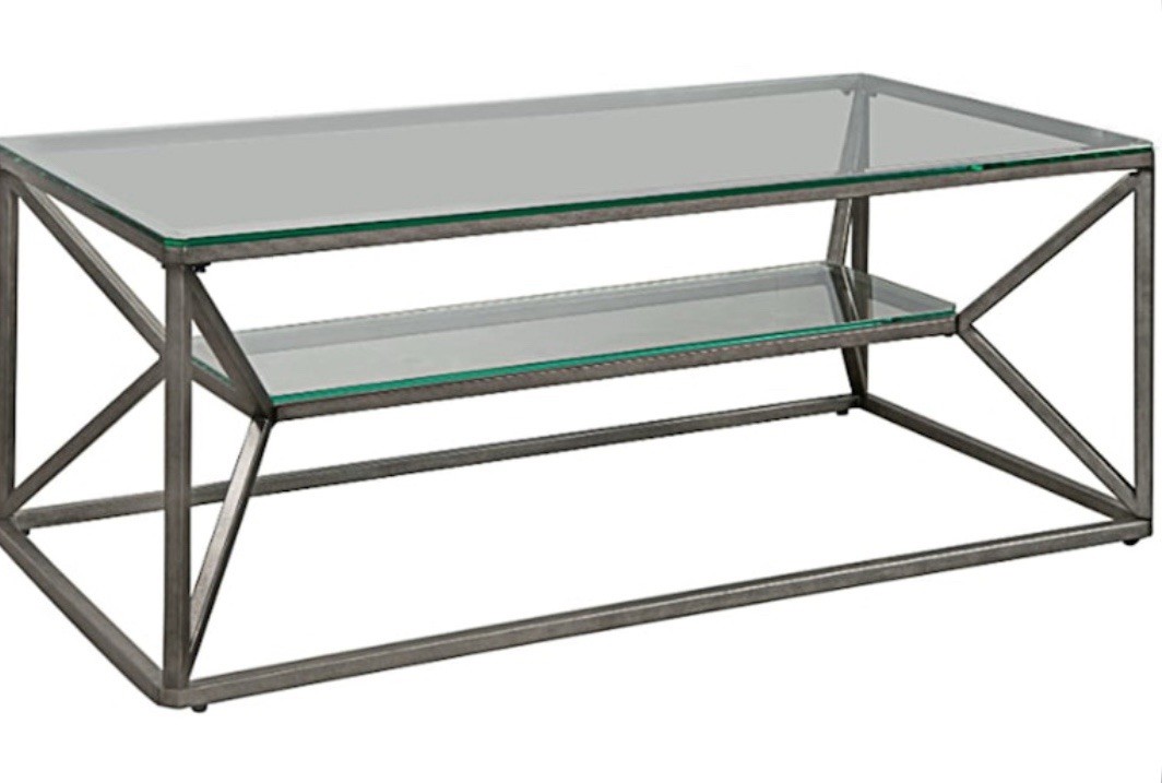 Glass Metal Rectangular Coffee Table Clear Silver With Storage 47.5x23.625x19 in