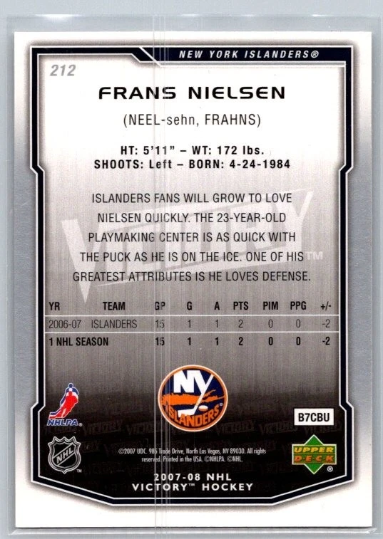 2007-08 Upper Deck Victory #212 Frans Nielsen Rookie New York Islanders RC - Image 2 of 2