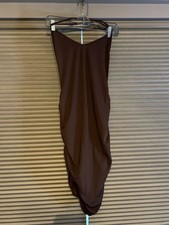 SheIn Brown Ruched Bodycon Midi Dress, Strappy Sleeve, V-Neck, Women’s L