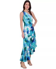 Eliza J Blue Floral One Shoulder Bow Tie Sleeveless Gown Size 6 198