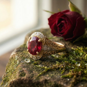 Authentic Natural Oval Cut Red Garnet & CZ 925 Silver Ring, Gold Plated Signet Prong Ring