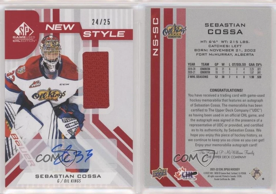 2021-22 SP Game Used CHL Edition New Style Jersey 24/25 Sebastian Cossa Auto l3a - Image 3 of 3
