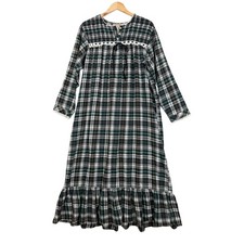 VTG Amanda Stewart Plaid Nightgown Medium Green White Cotton Flannel Lace Trim