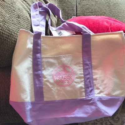 Trader Joe's Canvas Reusable Shopping Bag Beige Purple Solid Tote