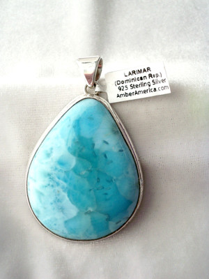 925 Sterling Large Larimar Pendant Plus 24'' Sterling Figaro Chain Necklace