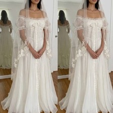 Wedding Dresses Off Shoulder Puff Sleeve Lace Applique Sweep Train Bridal Gown